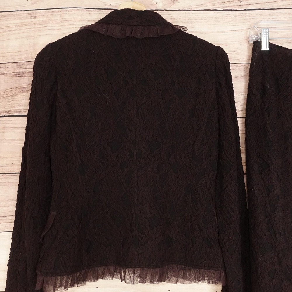 Rickie Freeman Teri Jon Skirt Suit Womens 8 Brown Lace 2 Piece Ruffle Trim - Picture 7 of 13